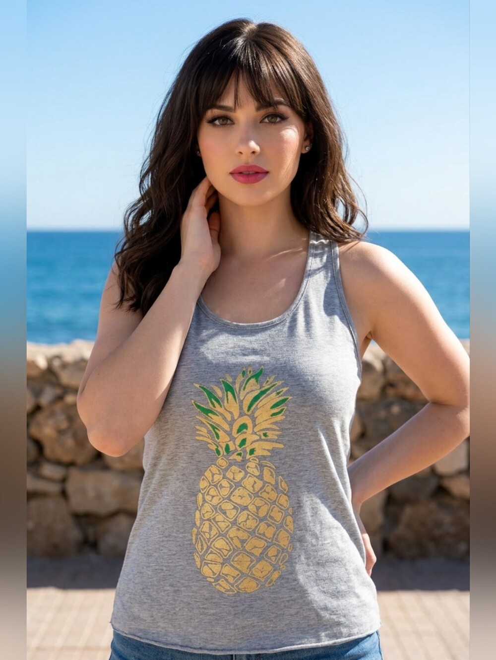 🔸️Gray Racerback w/Metallic Gold Graphic Pineapple Sleeveless Top Medium